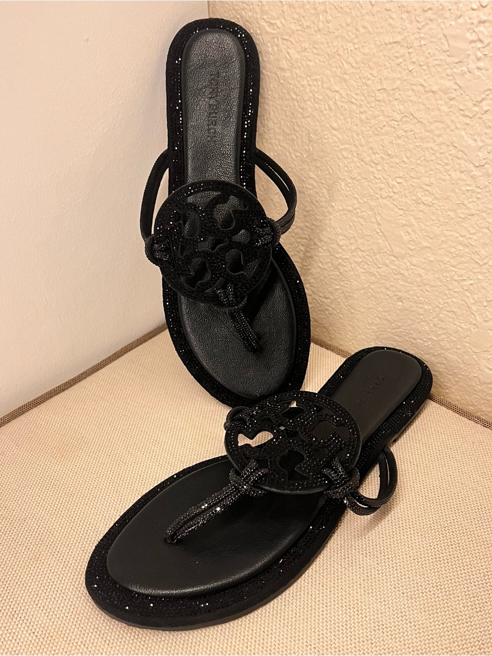 Tory Burch Black Beaded Logo Thong Sandals - Sparkle Detail